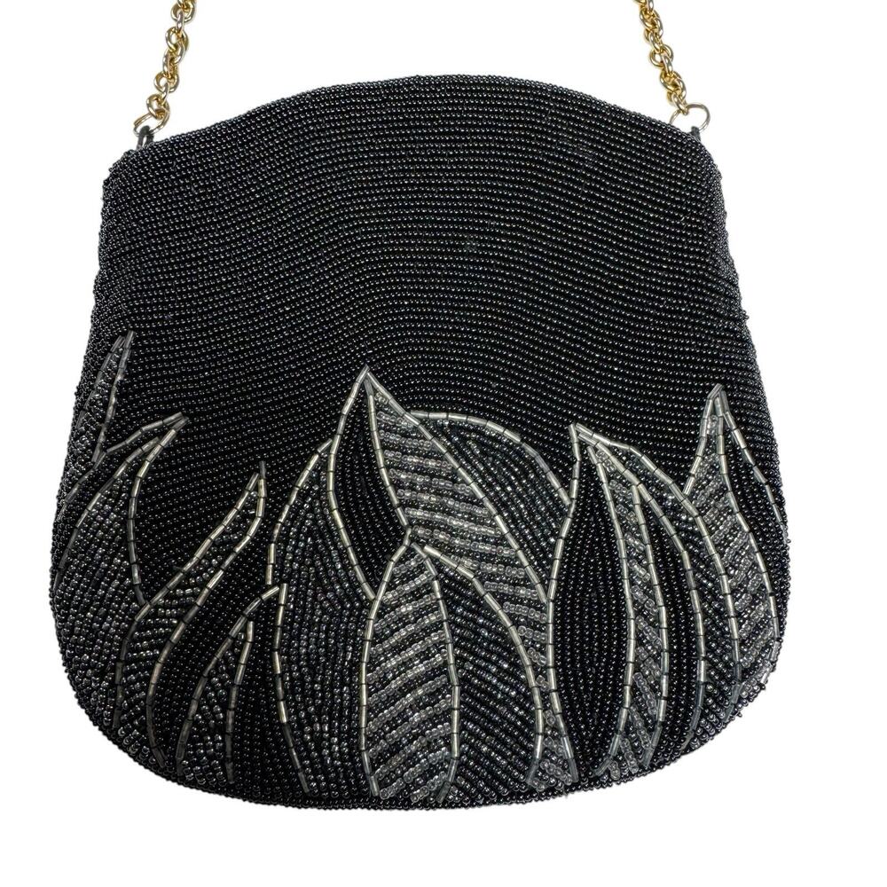 Vintage Black Silver Glass Beaded Evening Bag Leaf Design